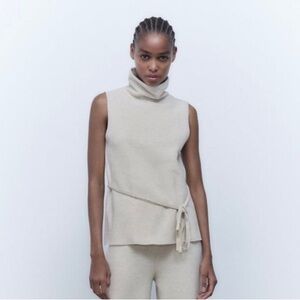 Zara Sleeveless Turtleneck Womens Sweater Top Sz Large Cream Beige Tie Front